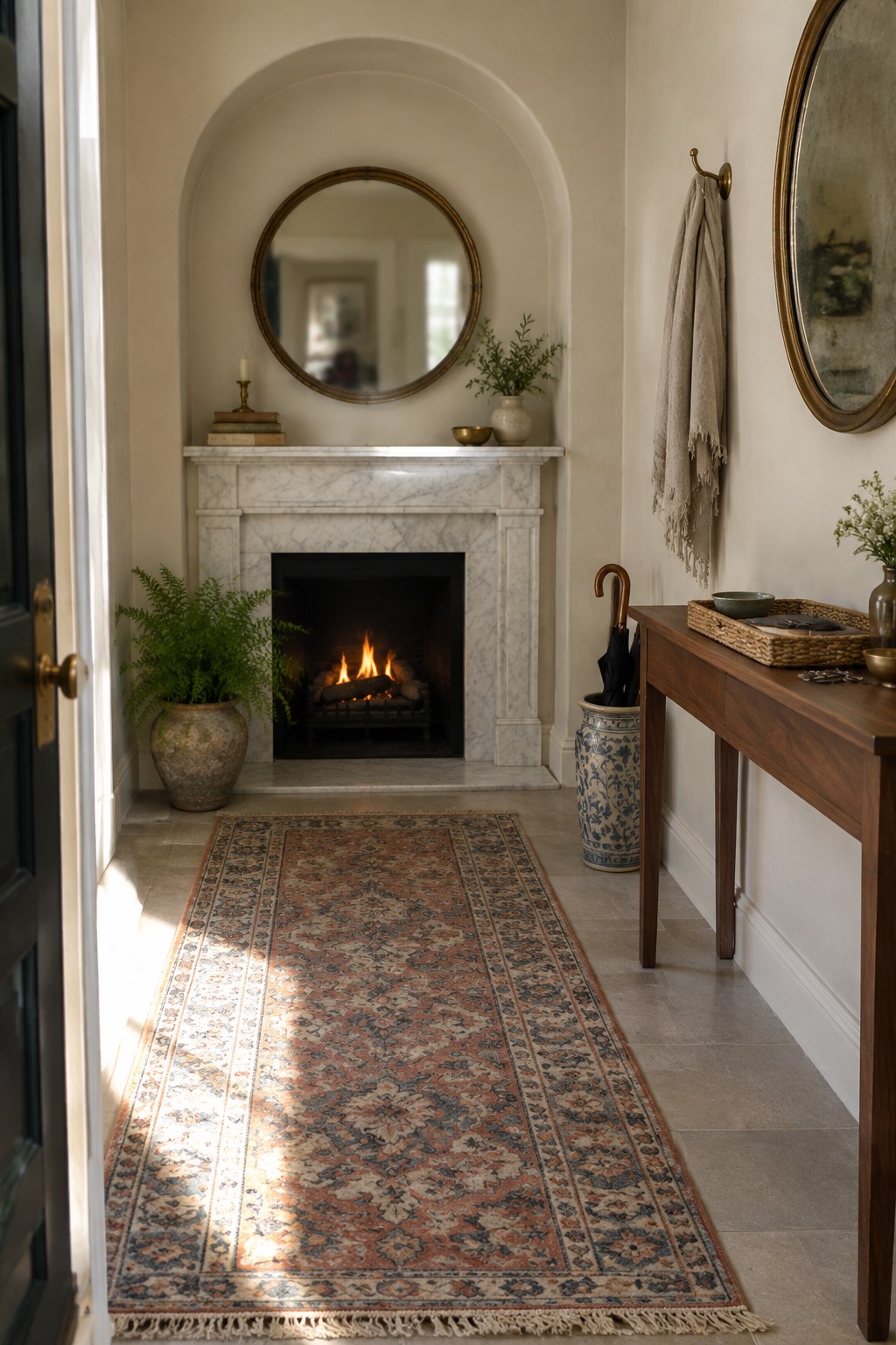 A narrow interior space with a marble fireplace at the far end, a round mirror above the mantel, and a long patterned runner rug leading from the foreground toward the hearth.