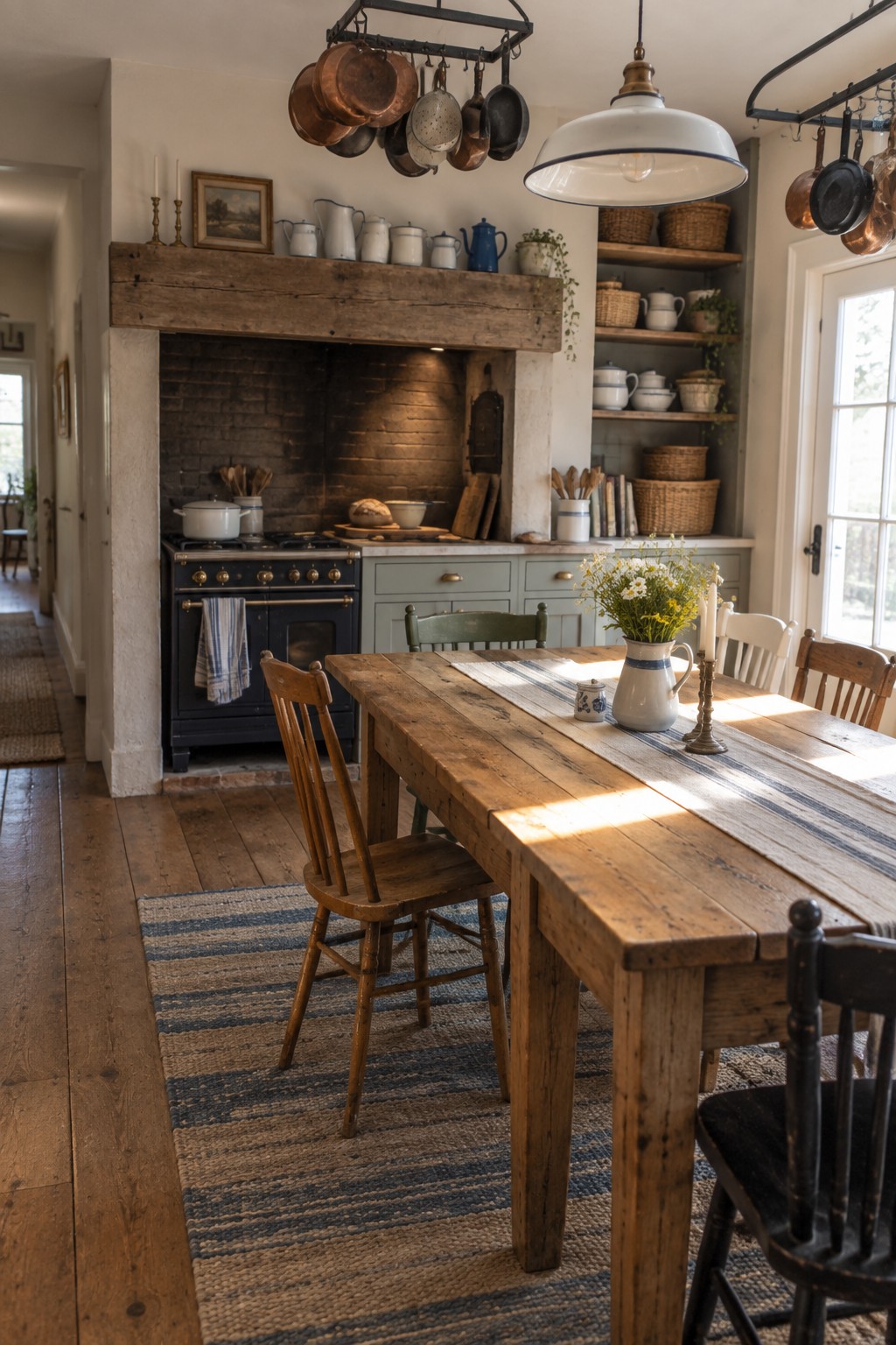 Rustic kitchen with wooden dining table, black stove, hanging copper pots, and striped rug