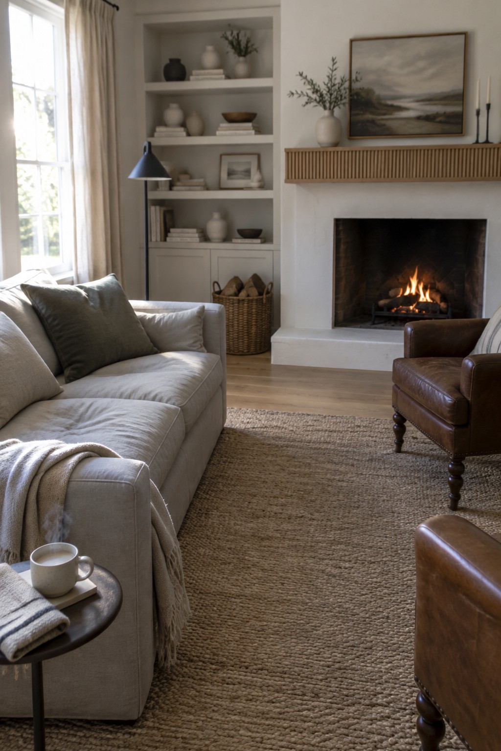 Cozy neutral living room with beige sofa, leather chairs, burning fireplace, and woven rug.