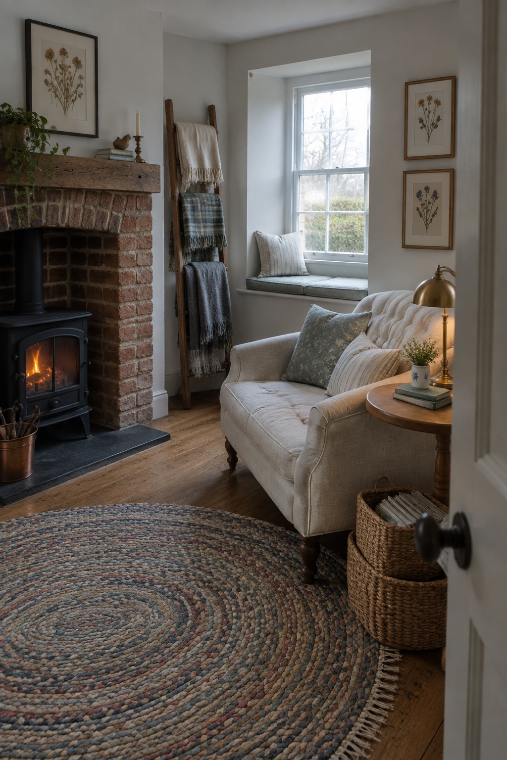 Cozy living room with brick fireplace, beige sofa, braided rug, and window seat