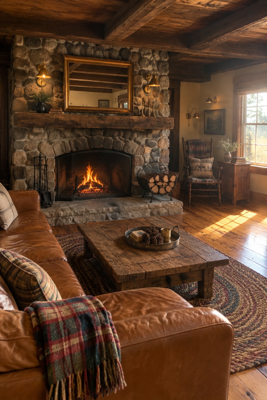 Cozy rustic cabin with stone fireplace, burning fire, leather sofa, and wooden beams.