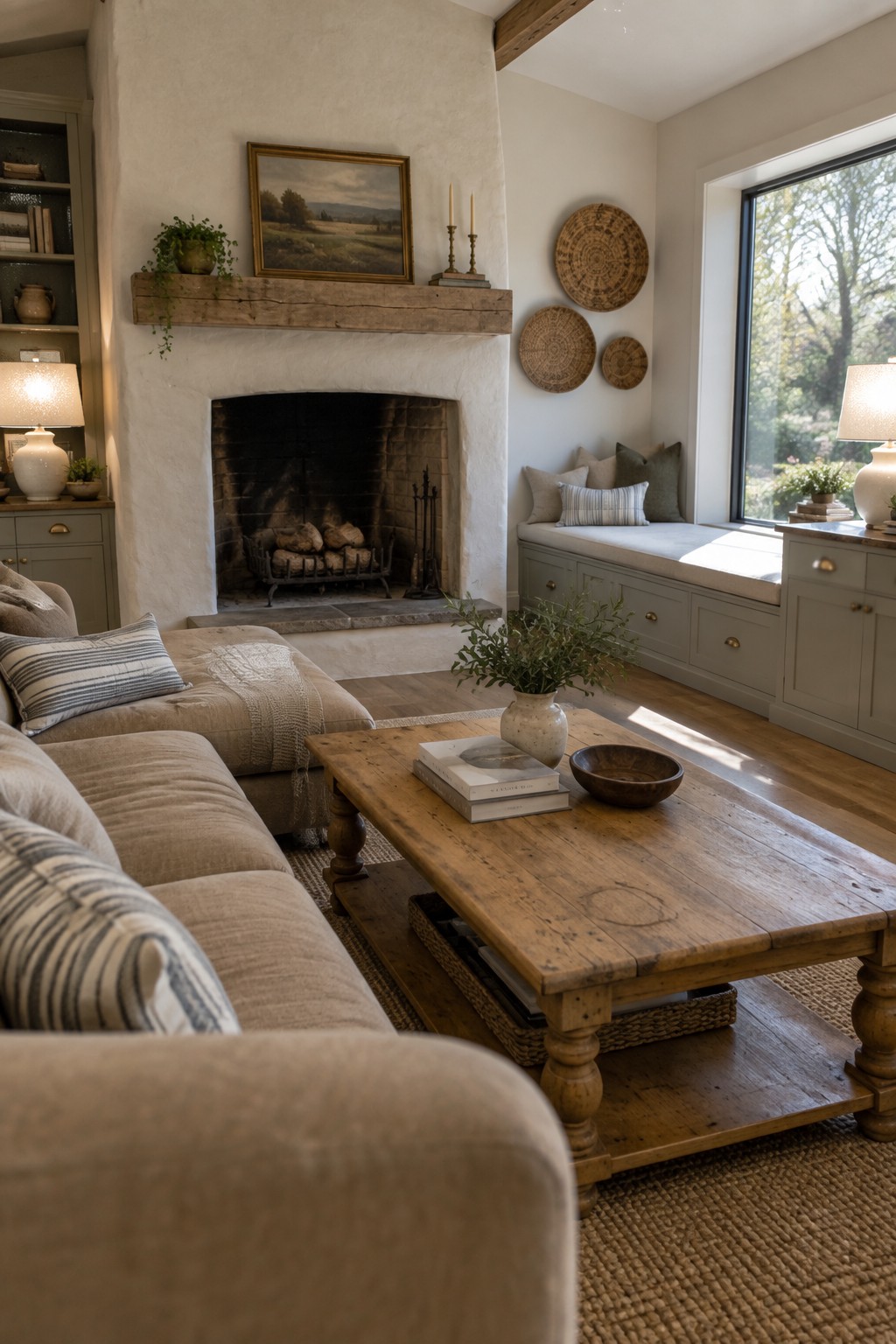 A living room with a large white plaster fireplace, a beige sectional sofa facing it across a wooden coffee table, and a window seat visible to the right.