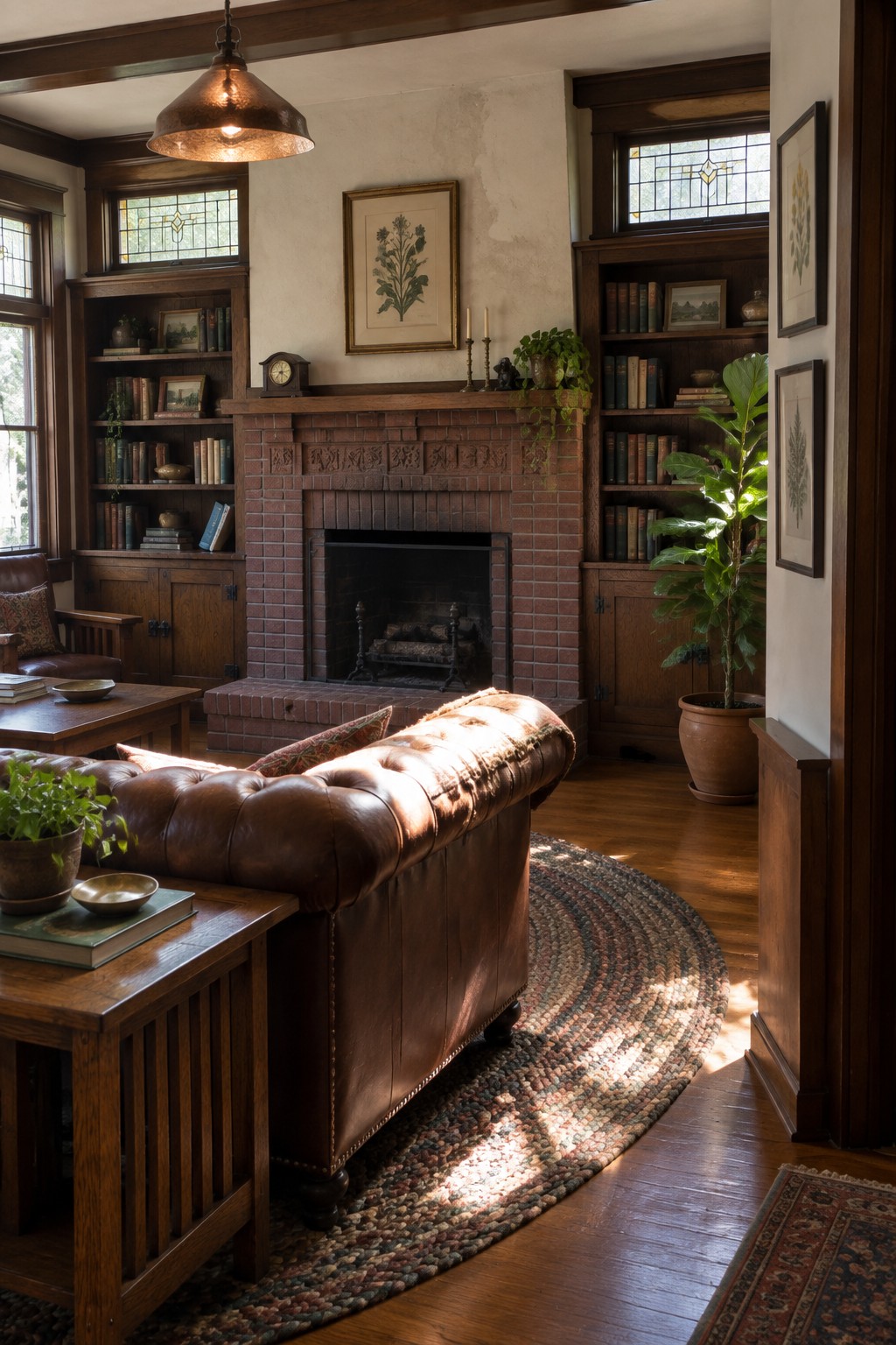A living room with a central brick fireplace flanked by wooden built-in bookshelves, a brown leather sofa in front, and a round braided rug on hardwood flooring.