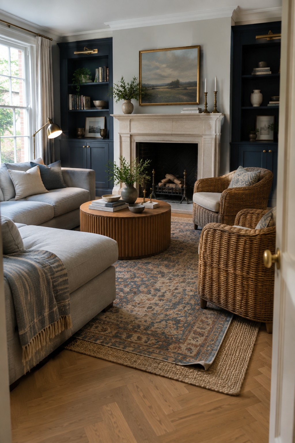 A living room centered on a fireplace with dark blue built-in bookshelves on both sides, a gray sectional sofa, two wicker armchairs, a round wood coffee table, and layered rugs over hardwood flooring.
