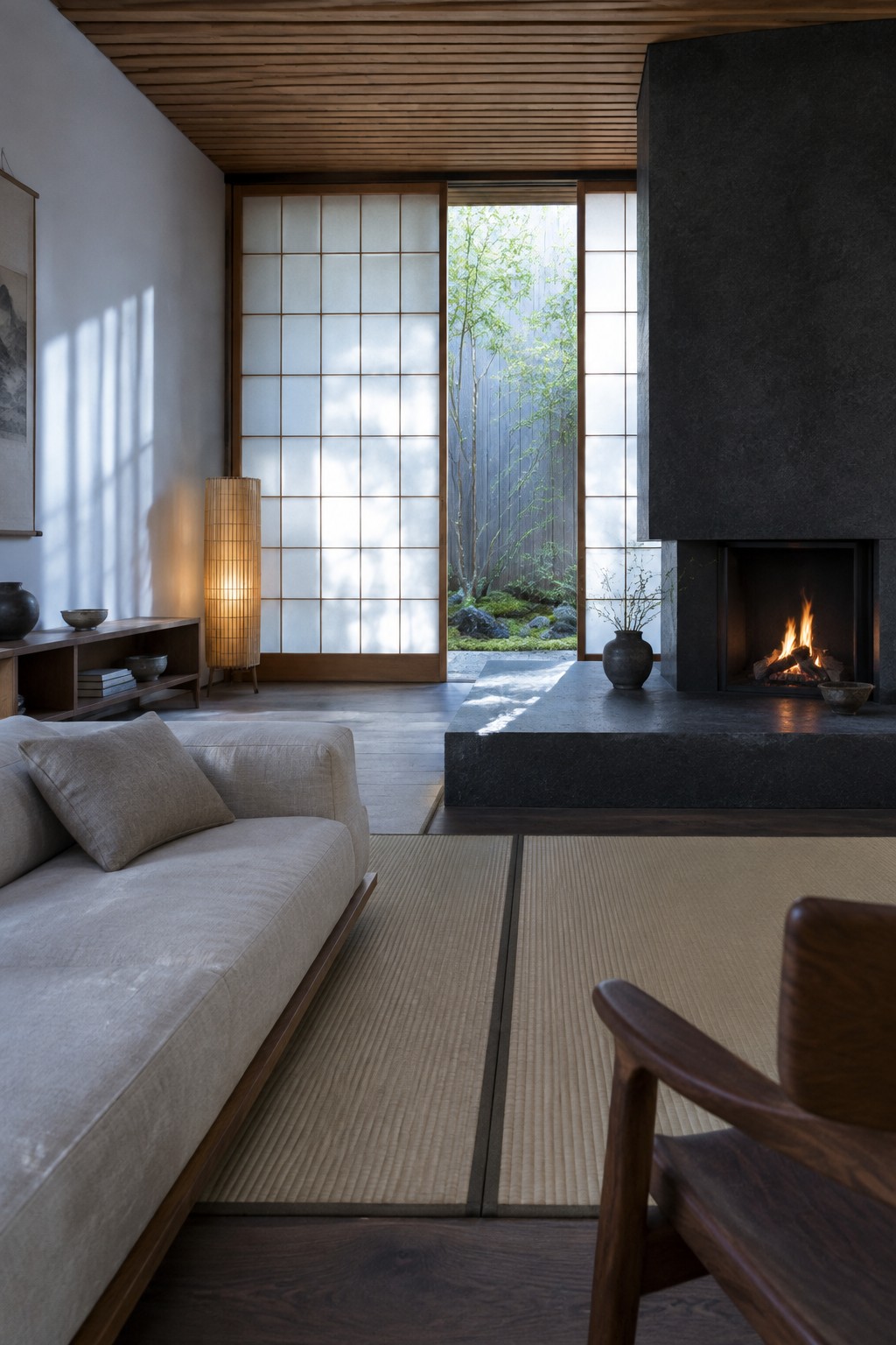 A living room featuring a dark stone fireplace on a wide low platform, a light fabric sofa, woven tatami mats, and shoji screens opening to a small garden.