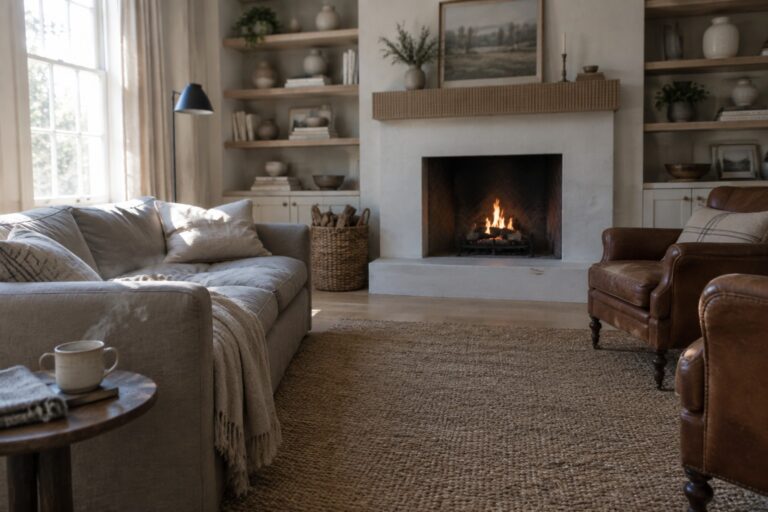 Cozy neutral living room with beige sofa, leather chairs, burning fireplace, and woven rug.