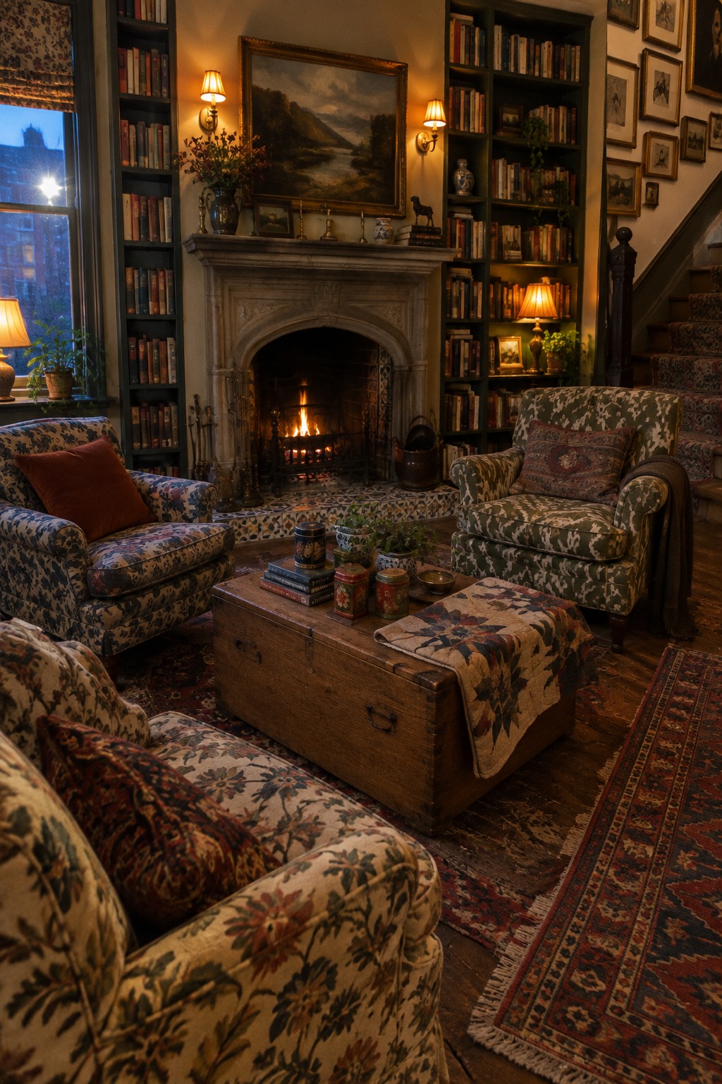 A living room centered on a stone fireplace with tall built-in bookshelves on both sides, two upholstered armchairs, and a wooden trunk used as a coffee table.