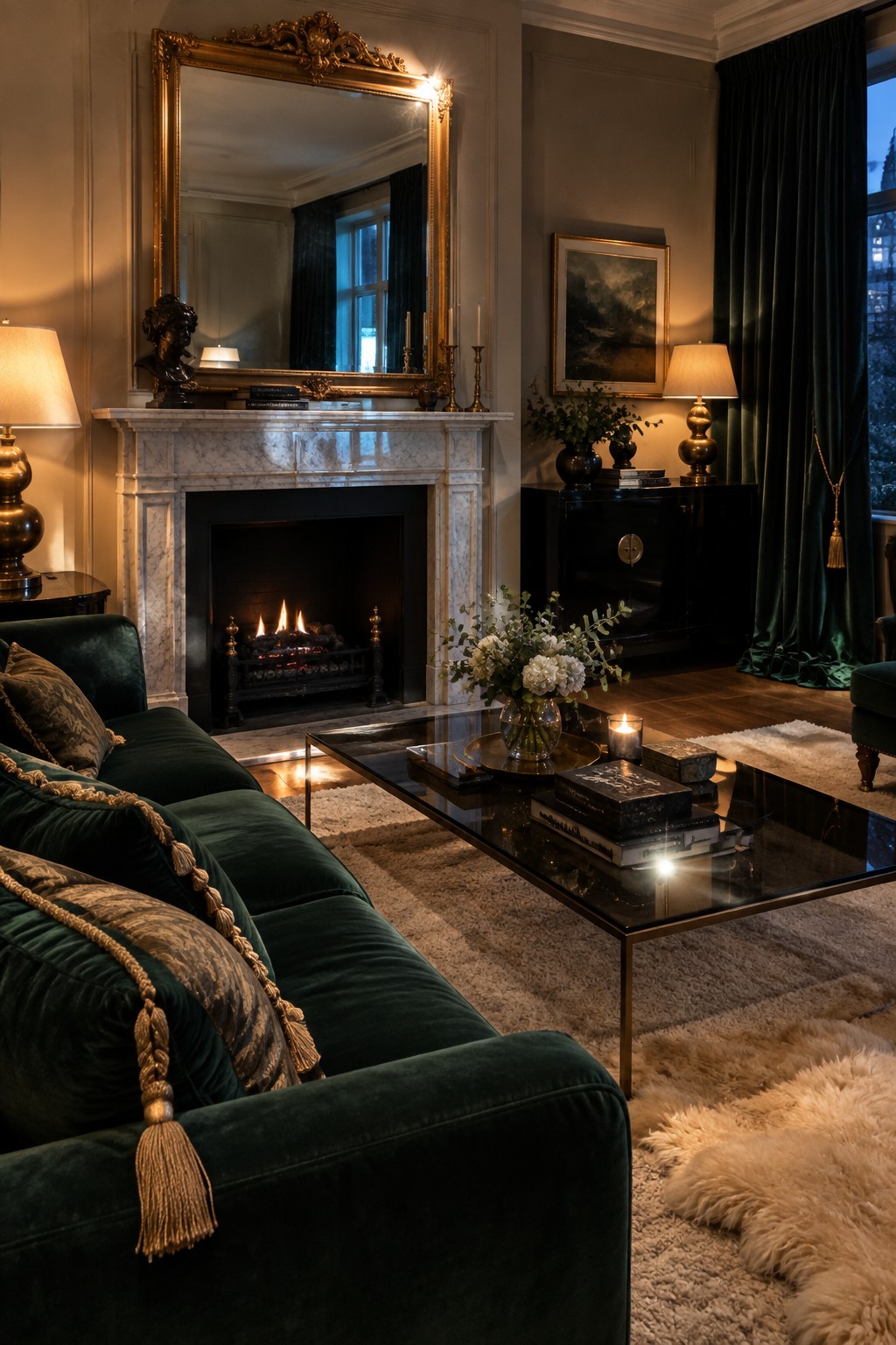 Luxurious living room with green velvet sofa, marble fireplace, and glass coffee table