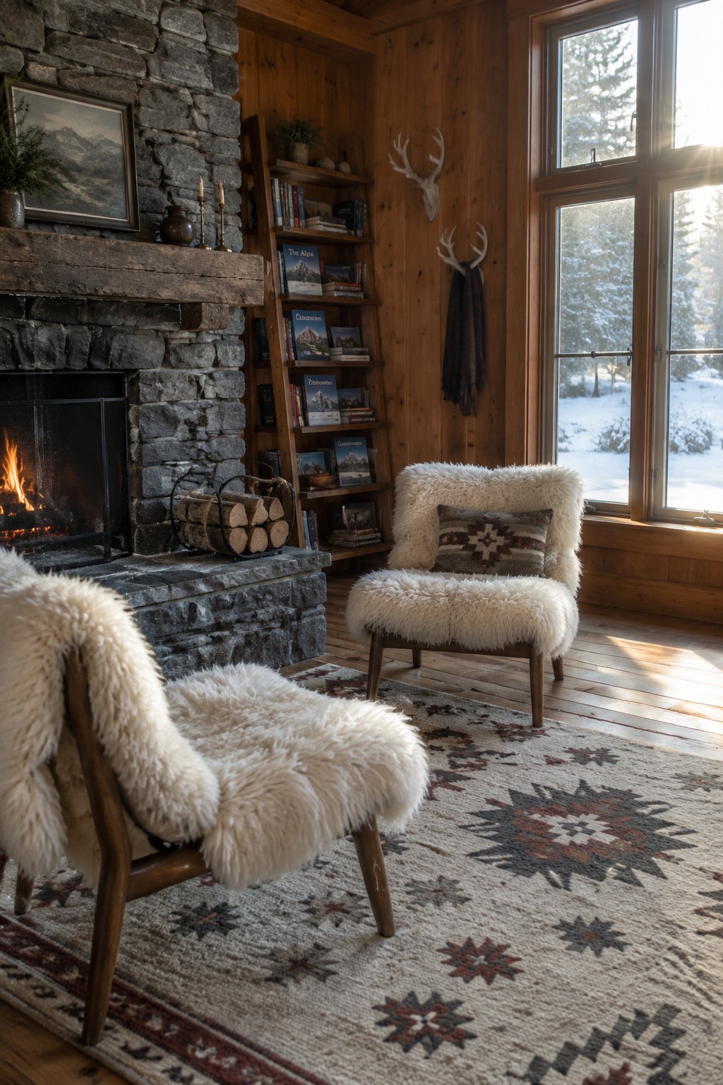 A living room with a large stone fireplace, two white shaggy fur armchairs on a patterned rug, wooden walls, and a snowy view through tall windows.