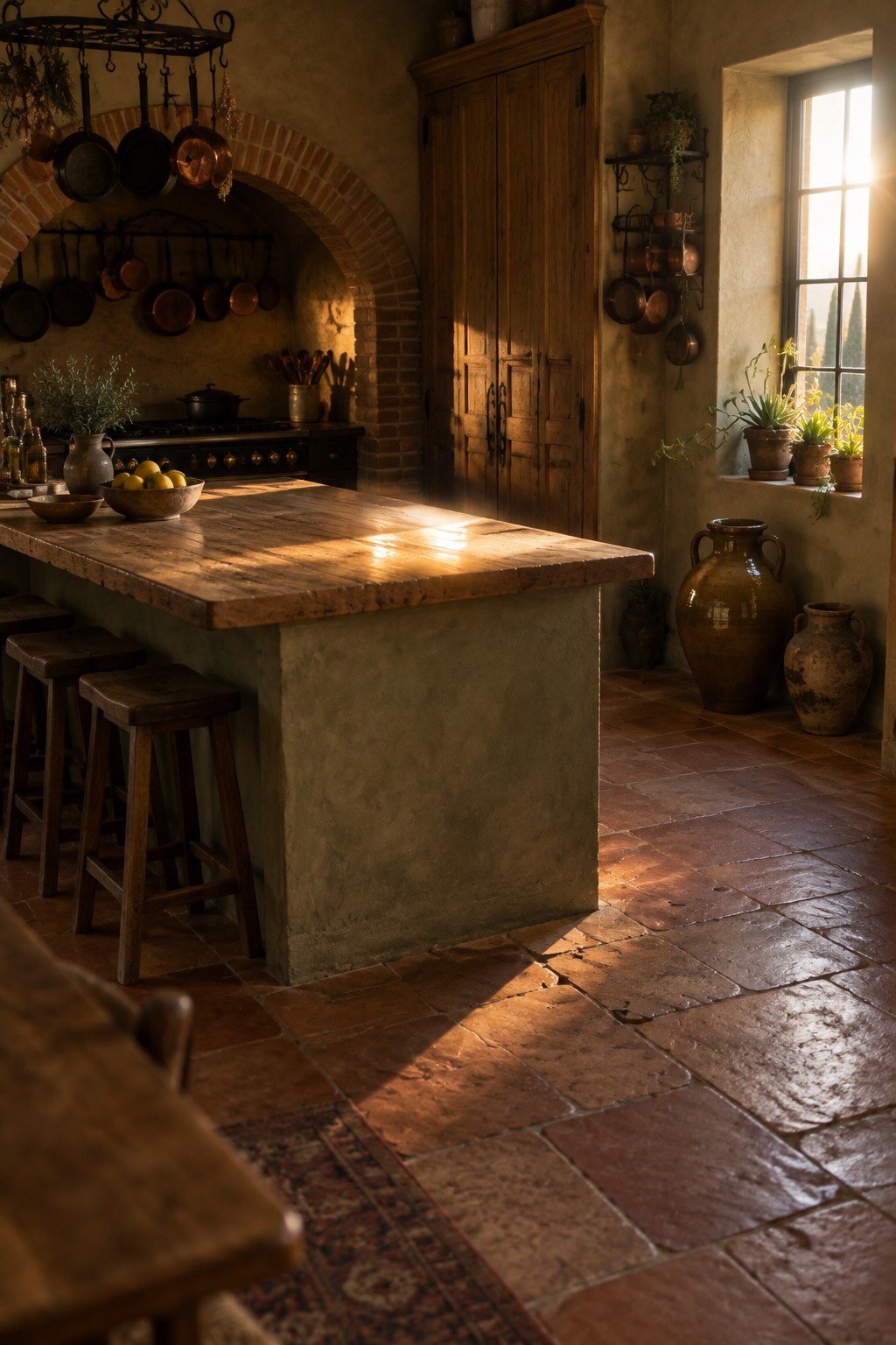 A rustic kitchen interior with a large wooden island on terracotta tile flooring, wooden stools along one side, hanging copper pans, and sunlight streaming through a window.