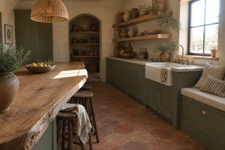 21 Earthy Kitchen Design Ideas Using Terracotta, Olive, and Natural Wood A kitchen interior with olive green cabinets, a thick wooden island, terracotta hexagonal floor tiles, woven bar stools, and a built-in bench under a window.