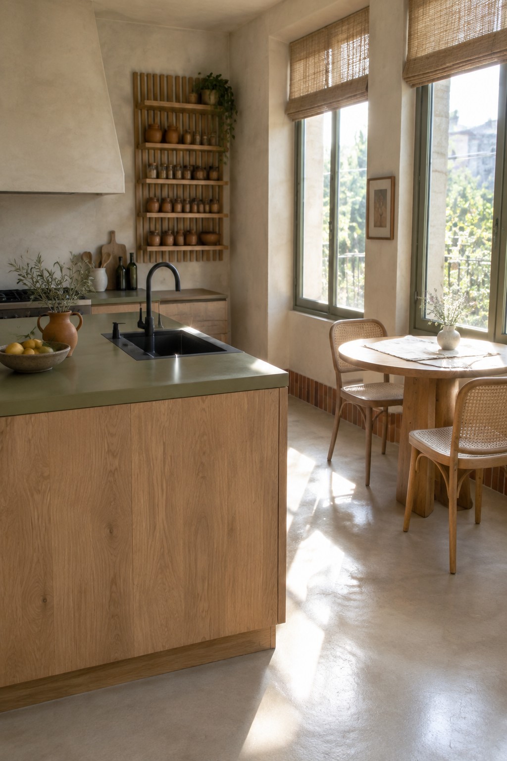 A modern kitchen interior with a large wooden island topped in olive green, a black sink, terracotta pottery on wall shelves, and a round wooden dining table with cane chairs near tall windows.