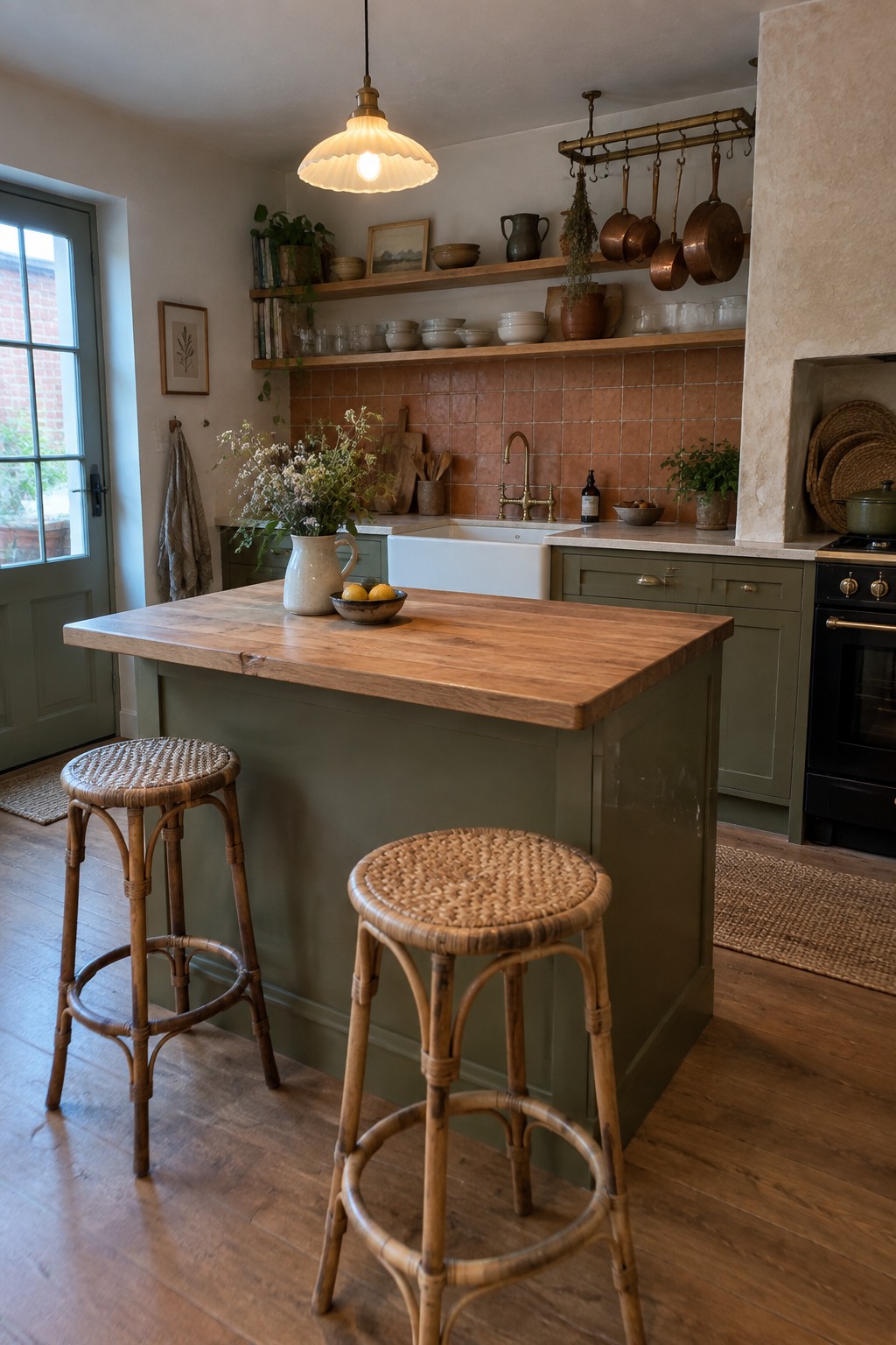 A kitchen with an olive green island topped in natural wood, two rattan stools in front, a terracotta tile backsplash, white farmhouse sink, open wood shelves, and copper pots hanging on a rail.