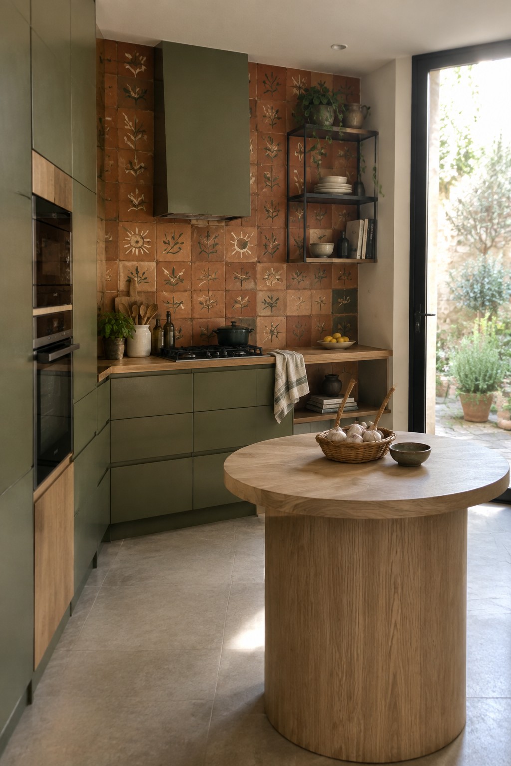 A modern kitchen with olive green cabinets, a patterned terracotta tile backsplash, a round wooden island with a basket of garlic, and open black metal shelving.