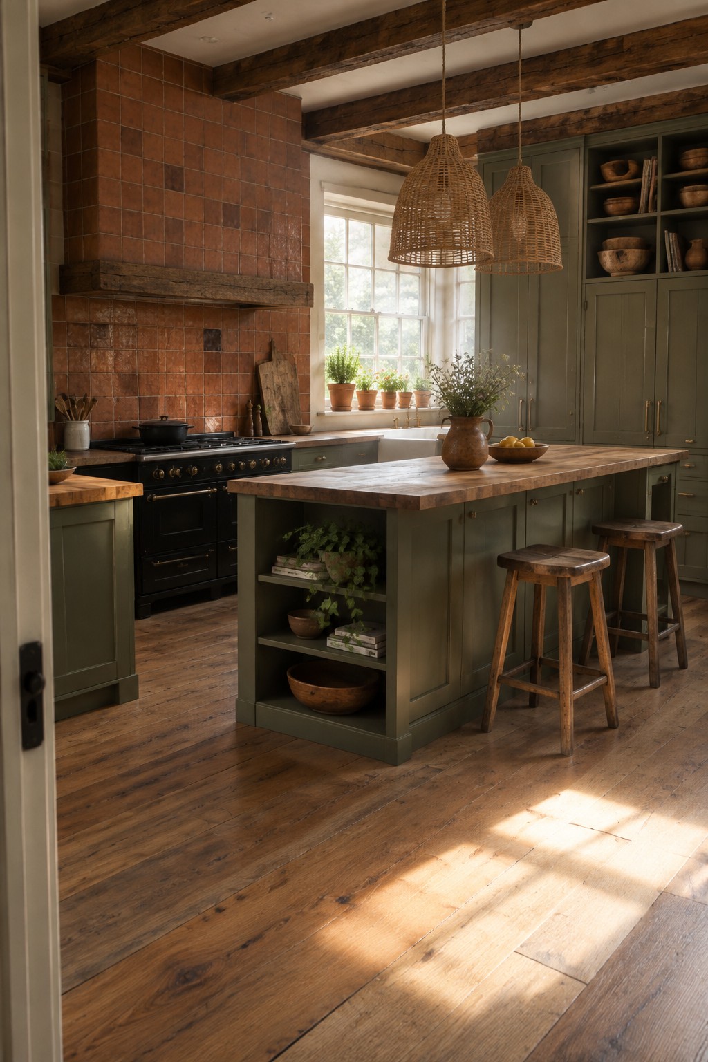 Rustic kitchen with sage green cabinets, wooden island, wicker pendants, and terracotta tiles