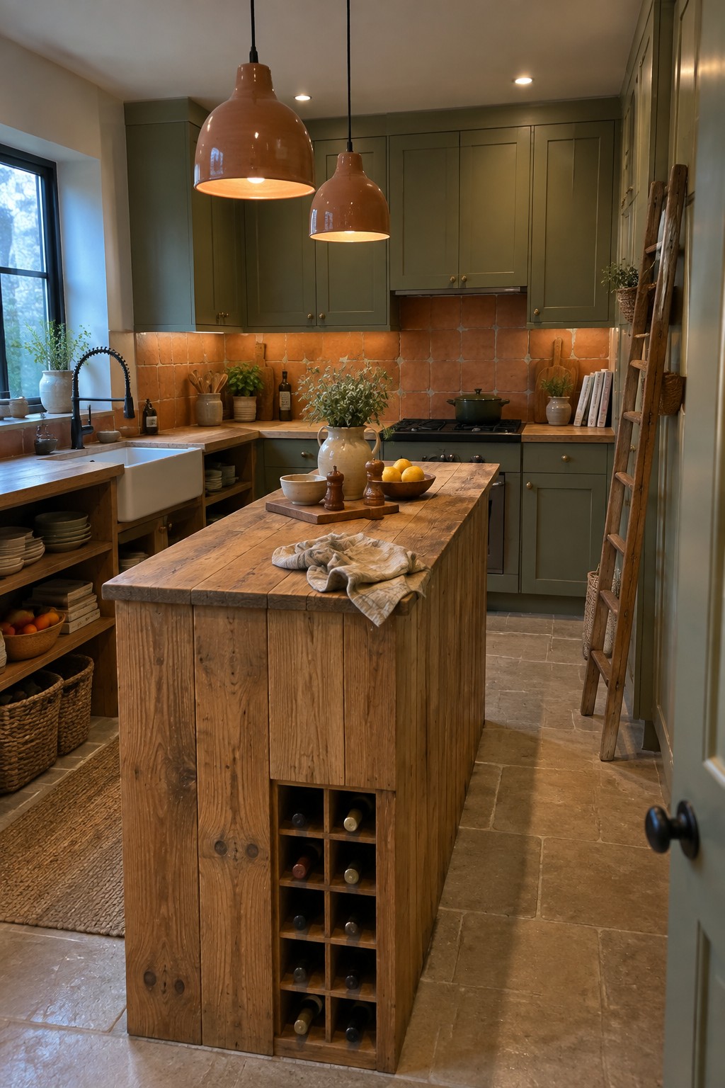 A kitchen with olive green cabinets, terracotta tile backsplash, large wooden island with wine storage, and two terracotta pendant lights over the island.