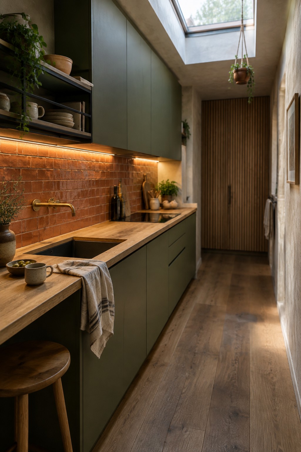 Modern narrow kitchen with green cabinets, wood counter, brick backsplash, skylight, and stool.