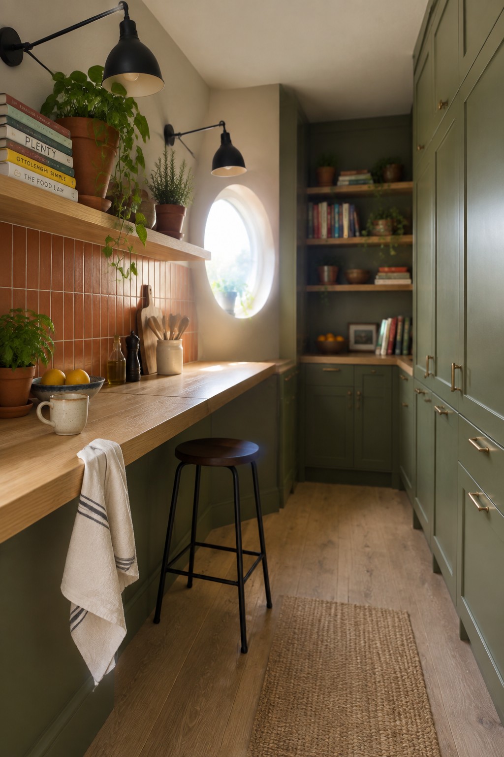 Cozy narrow kitchen with sage green cabinets, wooden counter, round window, and plants.