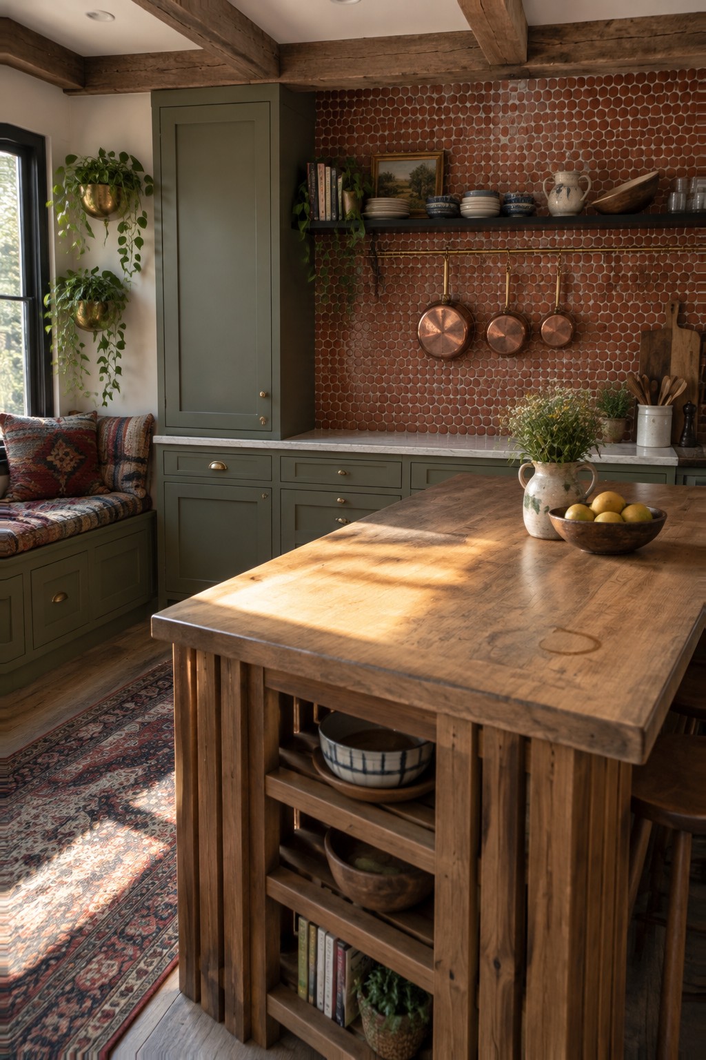Rustic kitchen with green cabinets, wooden island, red tile backsplash, and hanging copper pans