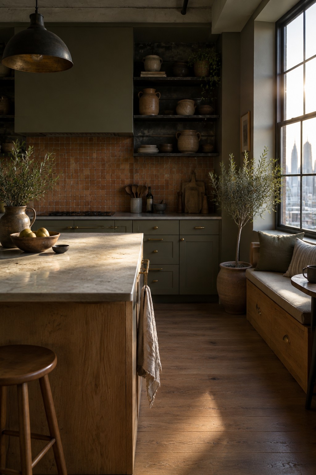 A kitchen interior with olive green cabinets, terracotta tile backsplash, wooden island and floor, open shelving with pottery, and a large window on the right.