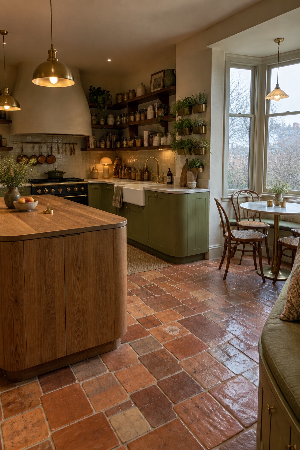 A kitchen interior featuring terracotta tile flooring, olive green cabinets, a curved wooden island, open wooden shelves, and a white farmhouse sink under pendant lights.