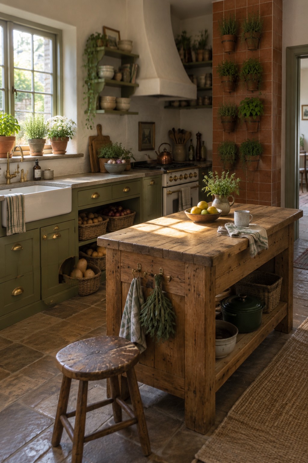 A kitchen with olive green cabinets, a wooden island, a terracotta tiled wall holding multiple potted herbs, and a sink area beside a window.