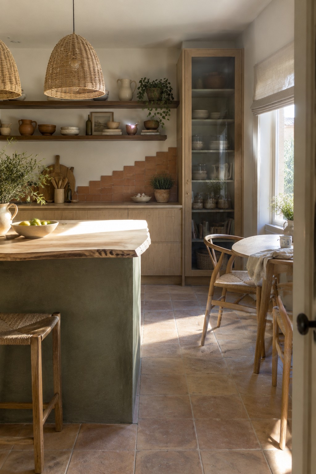 A kitchen interior featuring terracotta tile flooring and a stepped terracotta backsplash, a green island with a live-edge wood countertop, open wooden shelves, a tall glass-front cabinet, and woven pendant lights.