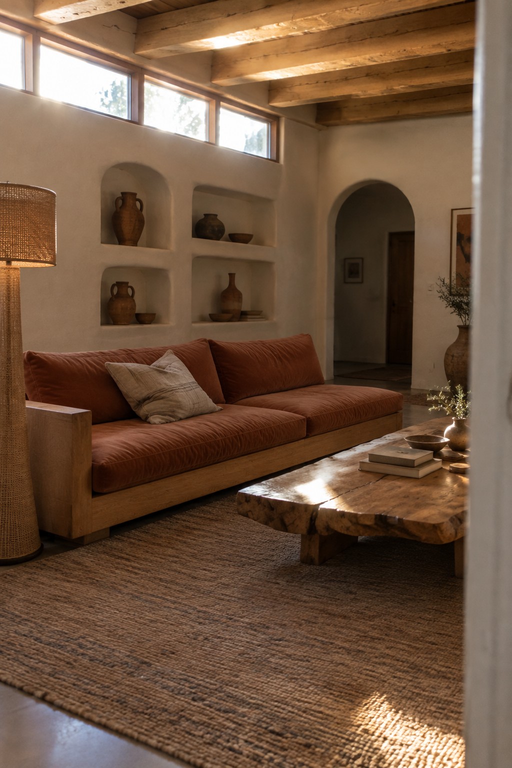 A living room with a terracotta sofa against a white wall featuring multiple arched niches holding clay pottery, a wooden coffee table on a woven rug, and a tall floor lamp on the left.