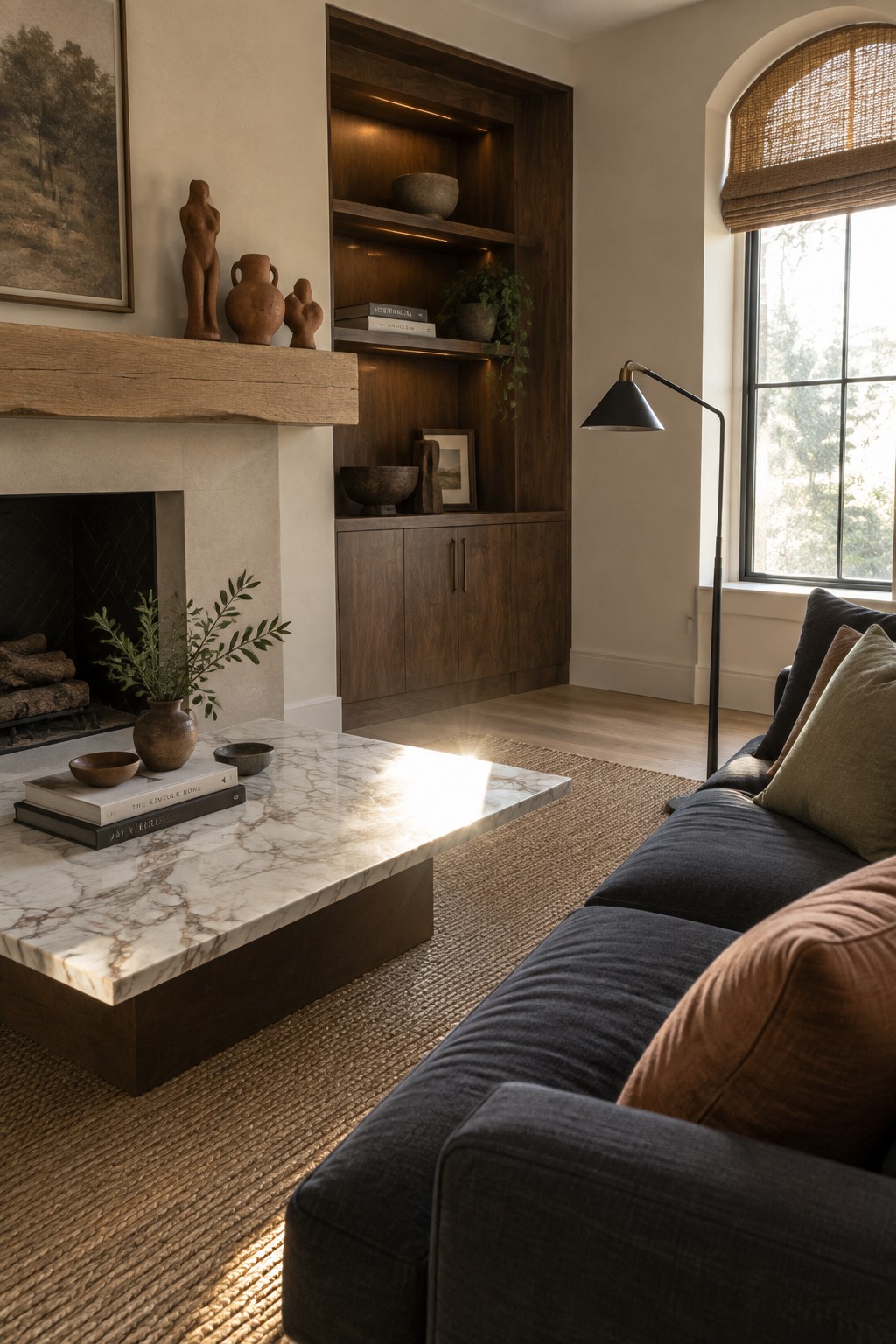 A living room with a marble coffee table on a woven rug, a dark blue sectional sofa, built-in dark wood shelving displaying terracotta pottery and books, and a stone fireplace with a wooden mantel.