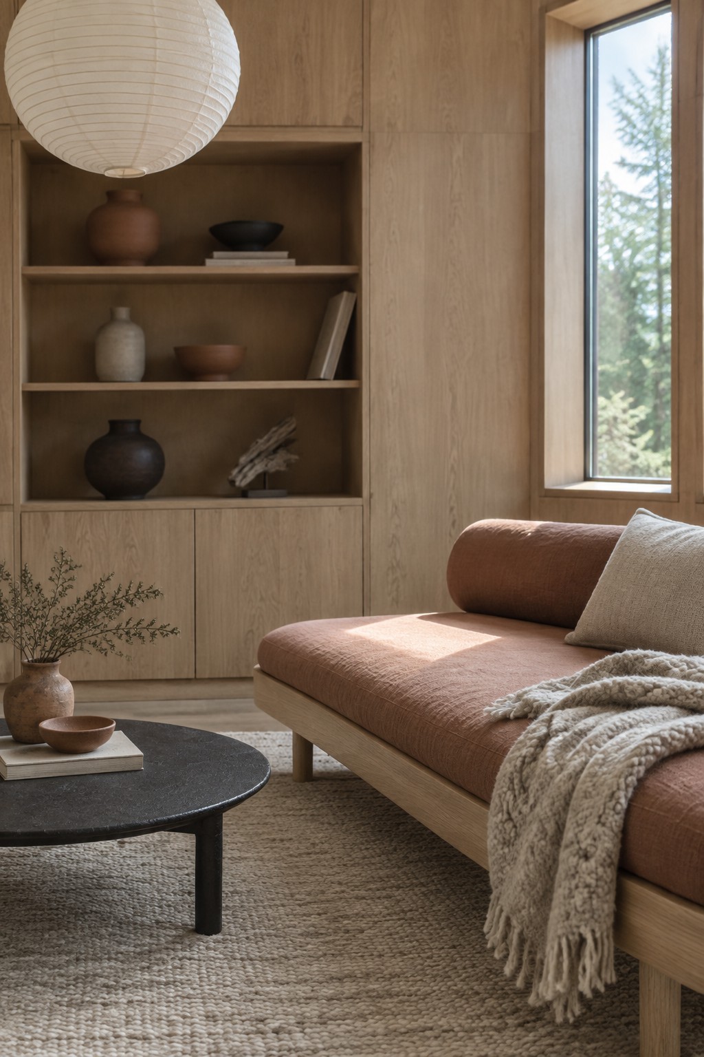 A living room interior with light wood built-in shelves holding clay vases and bowls, a terracotta sofa, and a black round coffee table on a woven rug.