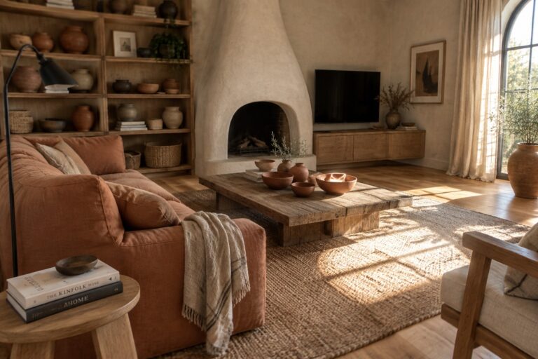 21 Earthy Living Room Design Ideas With Clay, Terracotta, and Natural Wood Rustic living room with terracotta sofa, wooden coffee table, fireplace, and woven rug in sunlight.