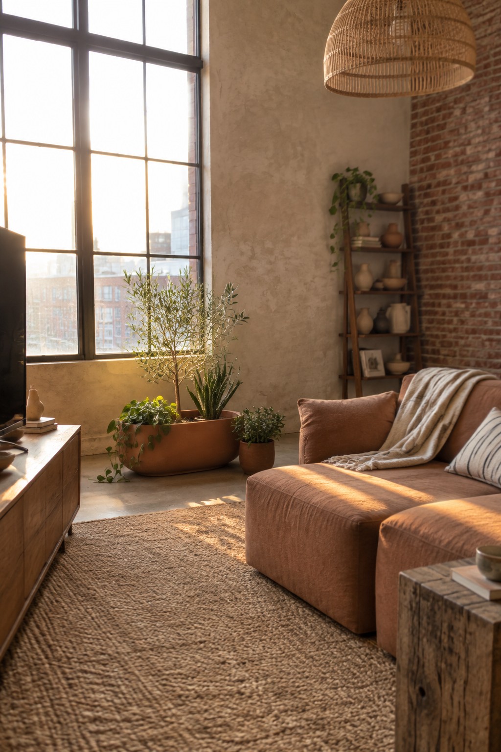 Sunlit living room with terracotta sofa, woven rug, plants, and large window