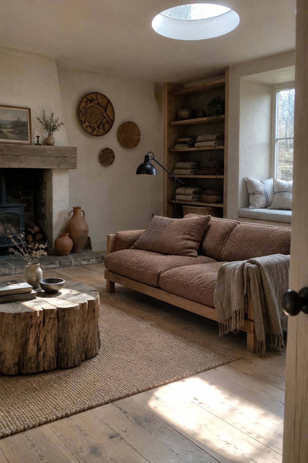 A living room with a brown upholstered sofa on a wooden frame, a tree-stump coffee table, built-in wooden shelves holding folded textiles, terracotta pottery near a fireplace, and a circular skylight in the ceiling.