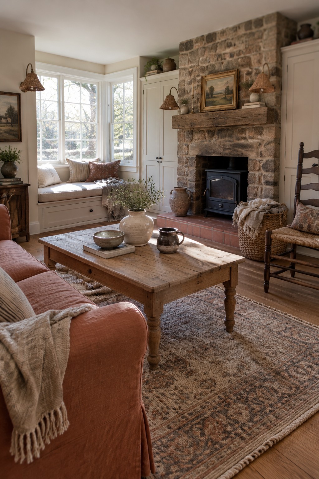 Rustic living room with terracotta sofa, wooden coffee table, stone fireplace, and patterned rug.