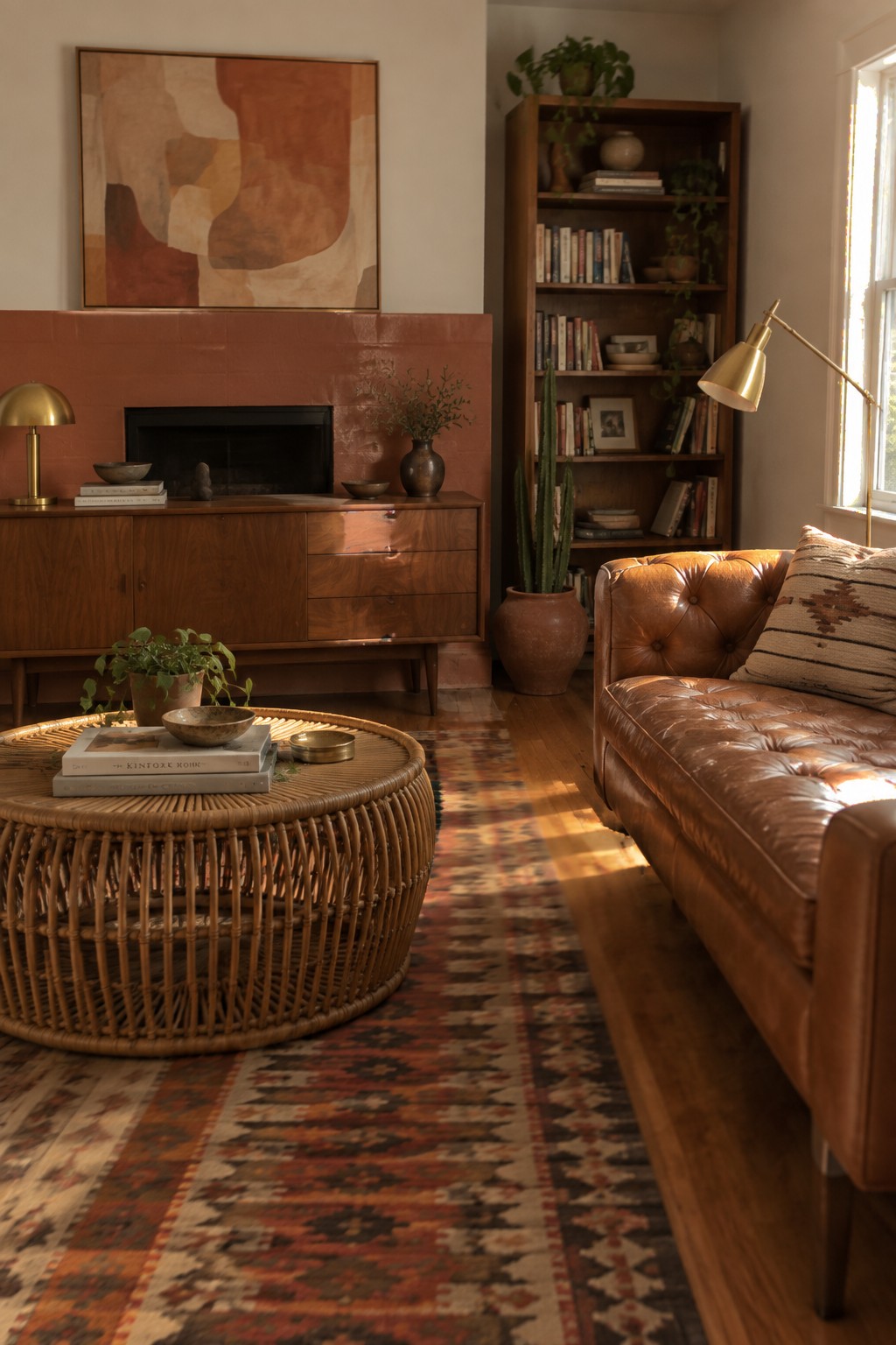 A living room with a terracotta tiled fireplace wall, wooden credenza, brown leather sofa, woven coffee table, and patterned rug.