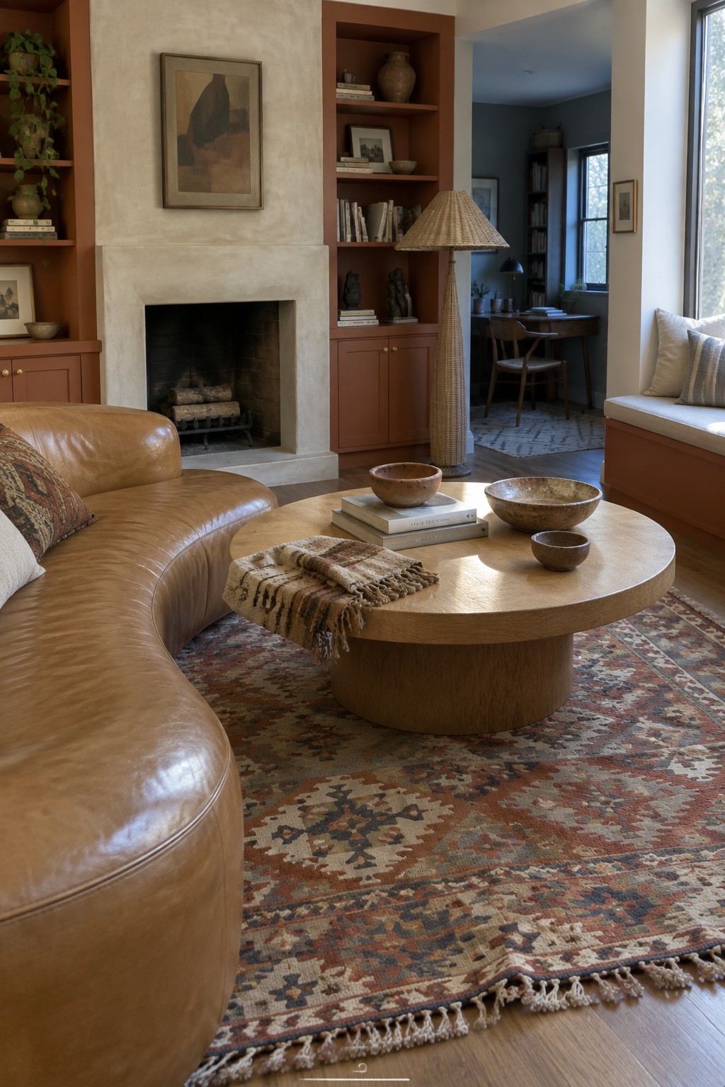 Curved tan leather sofa and round oak coffee table on patterned rug near fireplace