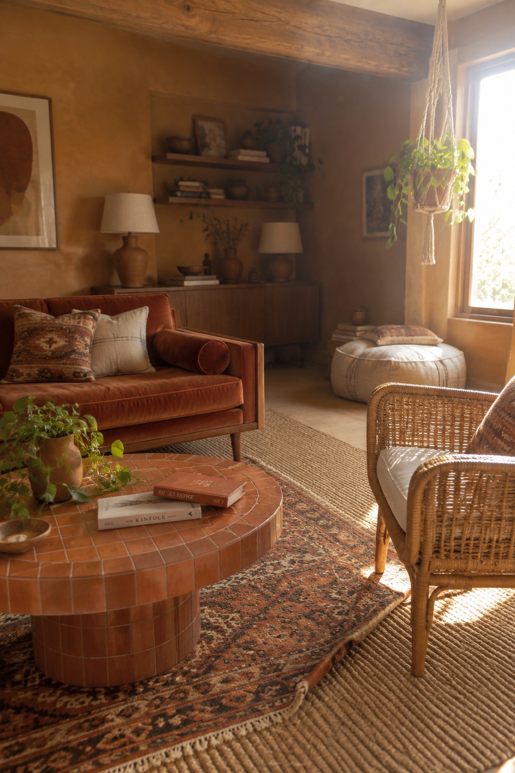A living room with a round terracotta-tiled coffee table on a woven rug, a rust-colored sofa with wood frame, a wicker chair, and wooden wall shelves against an ochre wall.