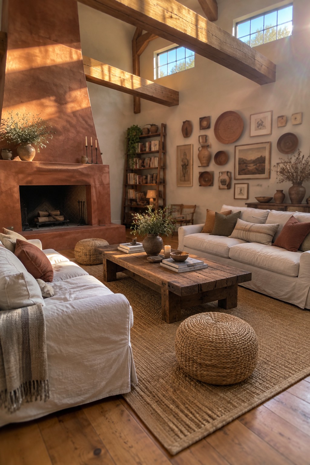 A spacious living room with a large terracotta fireplace, white sofas, a rustic wooden coffee table on a jute rug, exposed wood beams, and wall decor including woven baskets and framed art.