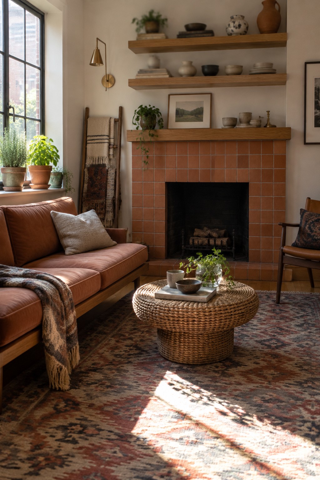A living room with a terracotta tiled fireplace, a brown leather sofa, wooden floating shelves, and a round woven coffee table on a patterned rug.