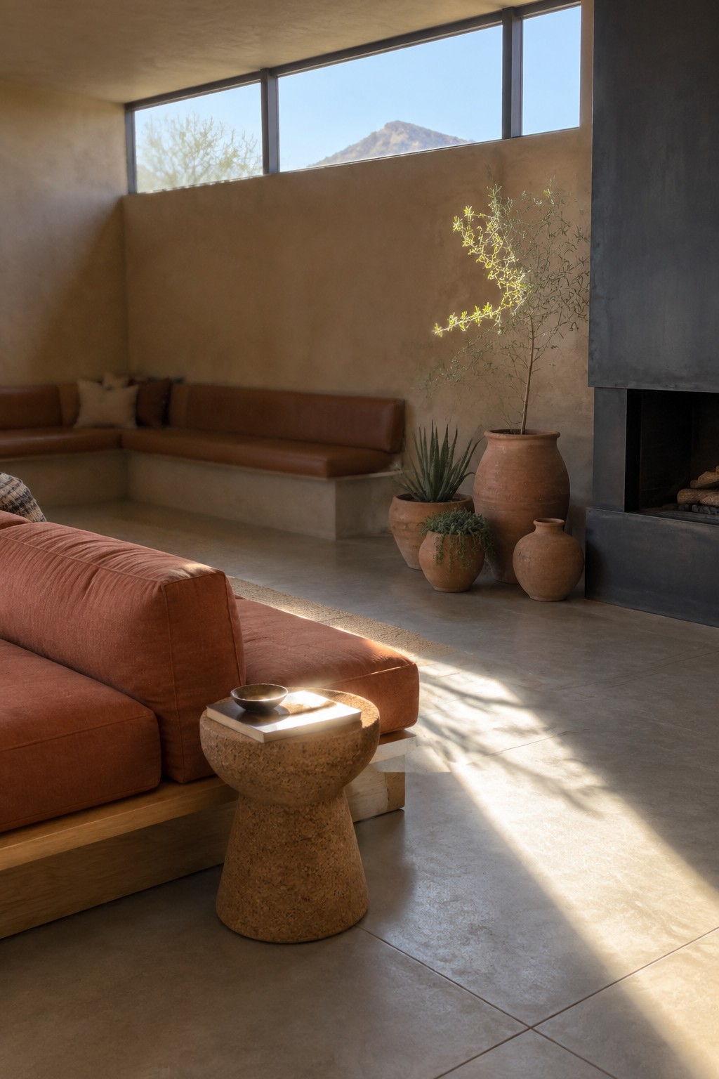 A living room with orange upholstered sofas on a wood platform, a cork side table, multiple terracotta pots with plants, and a dark fireplace beneath large windows.