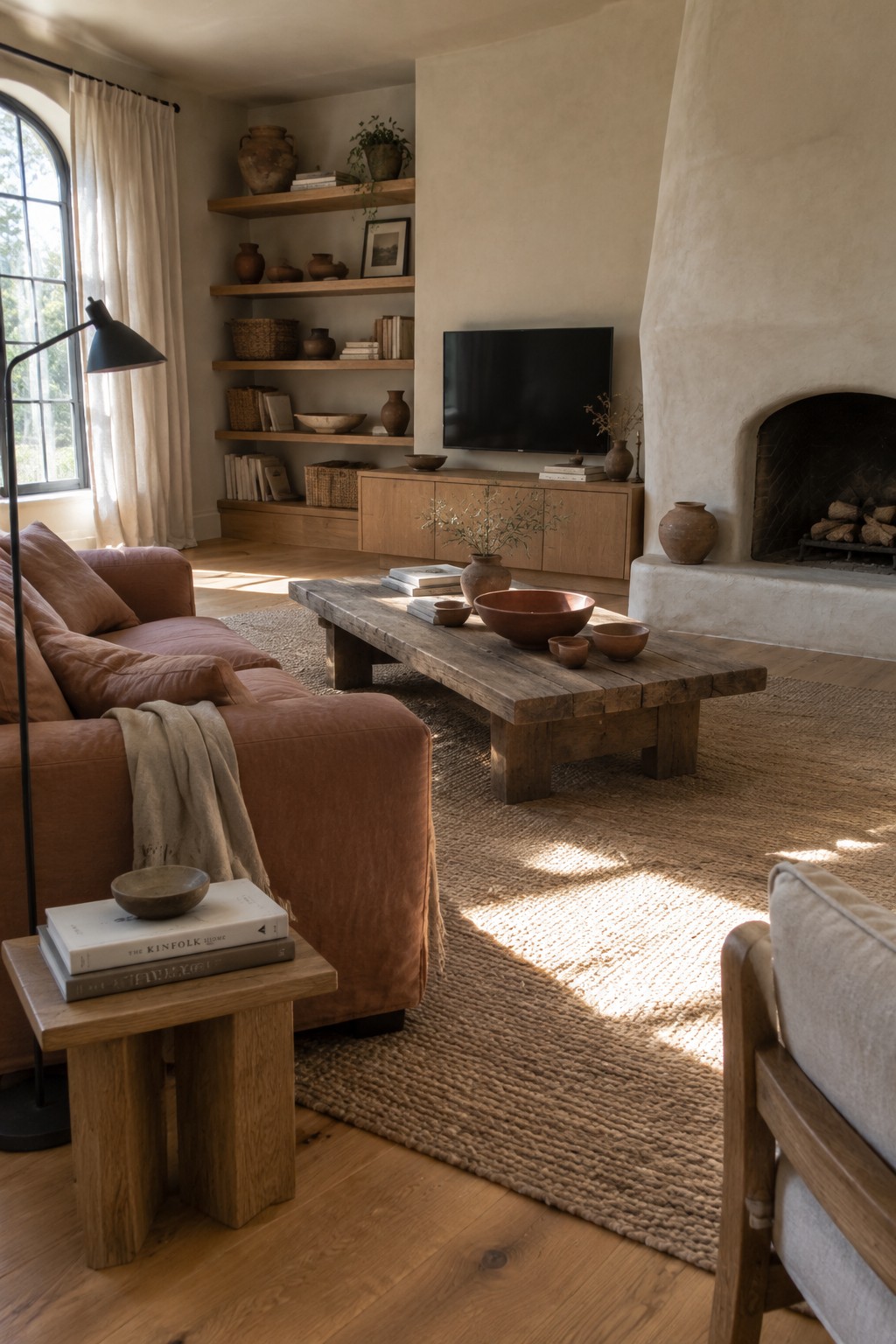 Rustic living room with terracotta sofa, wooden coffee table, fireplace, and woven rug in sunlight.