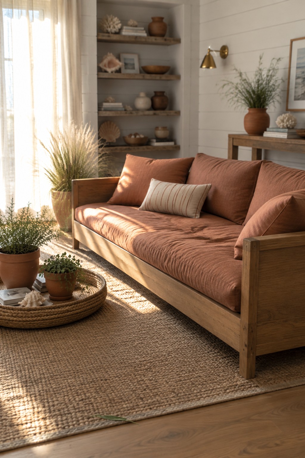 A wooden sofa with terracotta cushions and a striped lumbar pillow sits on a woven jute rug in a living room with built-in shelves, potted plants, and a side table.