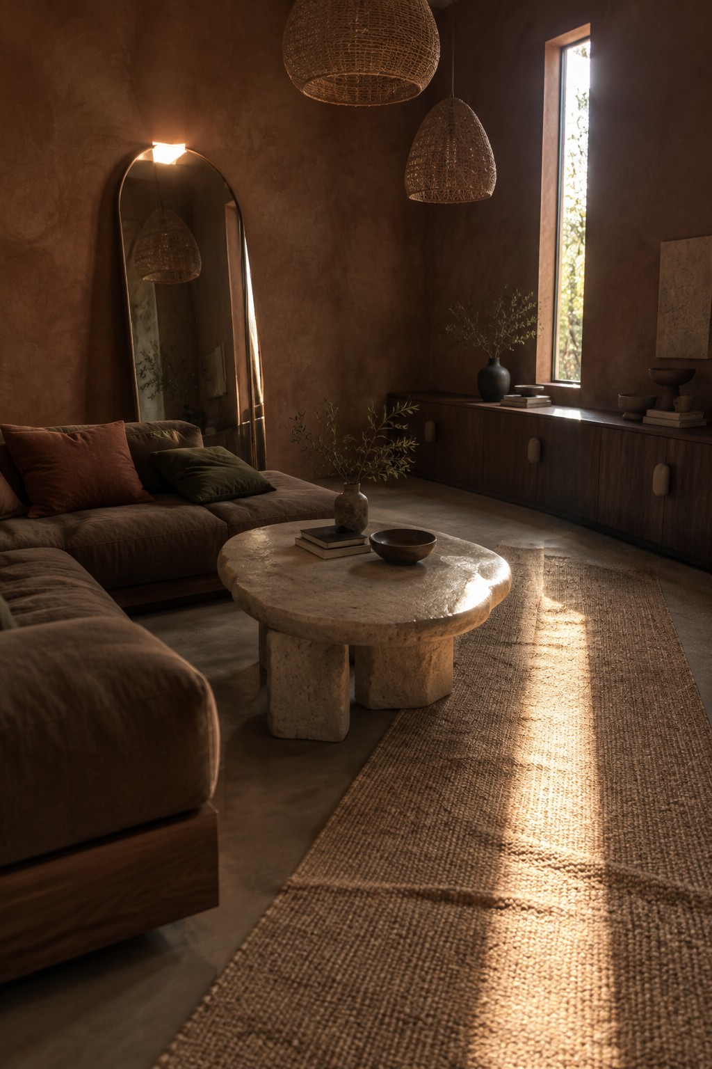 A living room with terracotta plaster walls, a brown sectional sofa on a wood base, a round stone coffee table, woven pendant lights, and a jute rug.