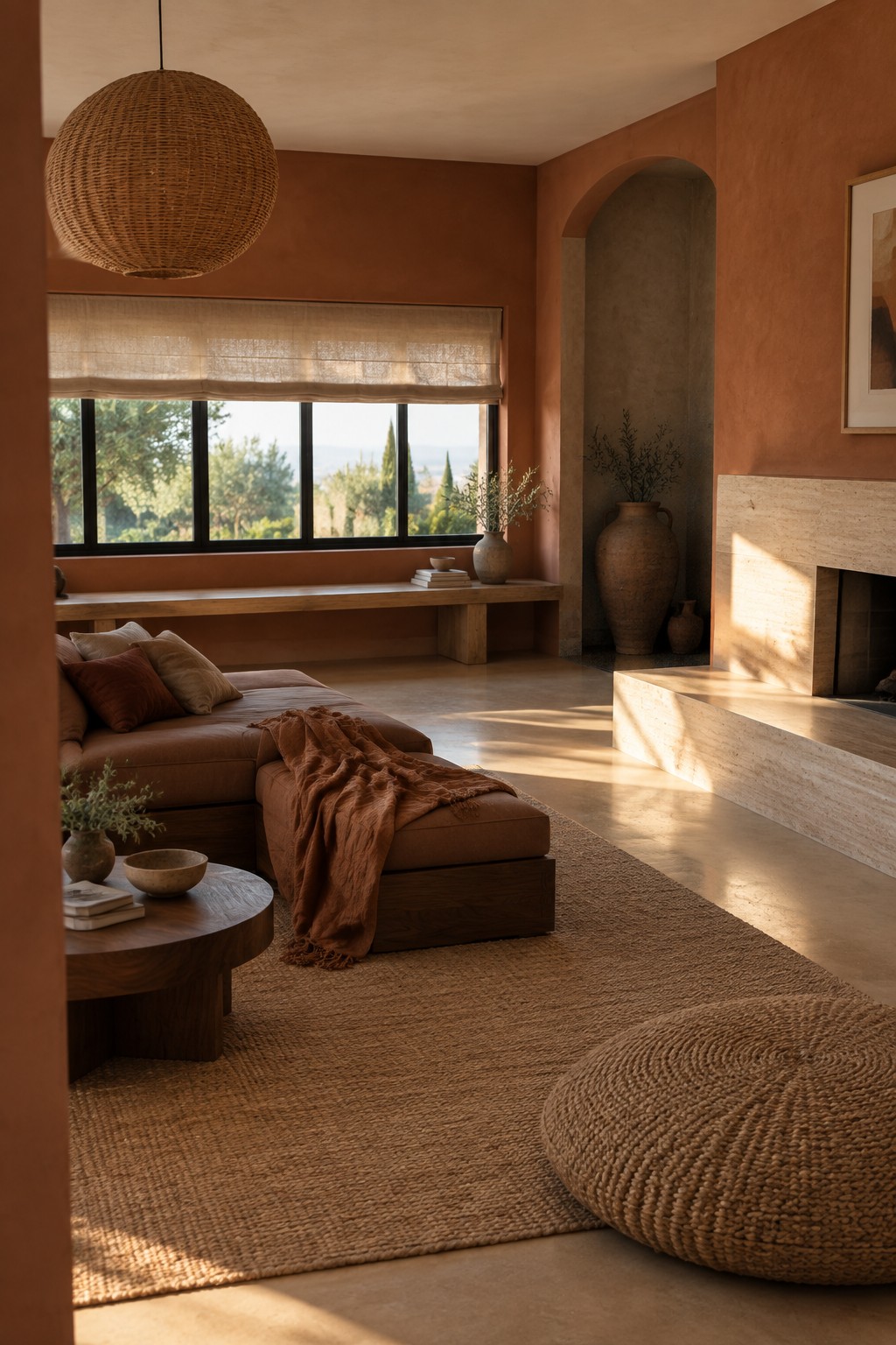 A living room with terracotta walls, a large window with wooden bench seating, a brown sectional sofa, round wooden coffee table, woven pendant light, and stone fireplace.