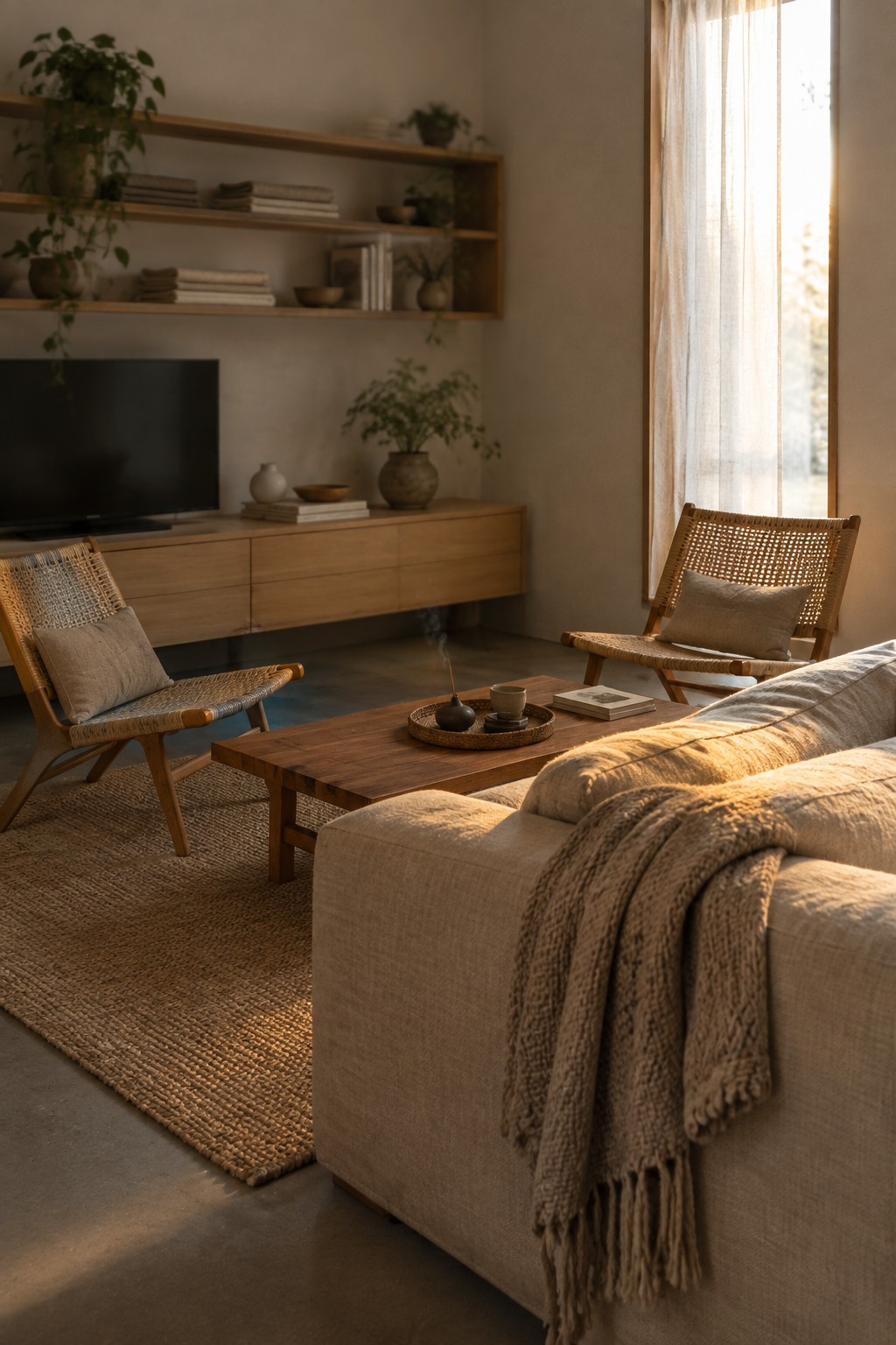 A living room featuring a linen sofa with a knit throw, a wooden coffee table, two woven chairs with cushions, a light wood media console, floating shelves with books and plants, and a large window with sheer curtains.