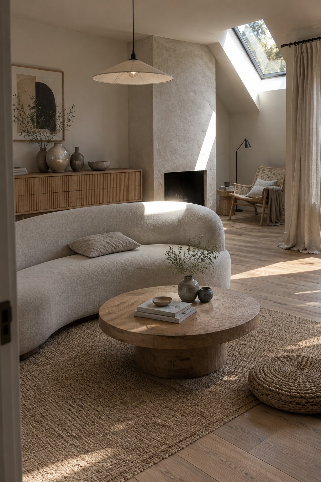 A living room with a curved light beige sofa on a large jute rug, a round wooden coffee table, a light wood console, and a fireplace in a minimalist space with natural light from a skylight.