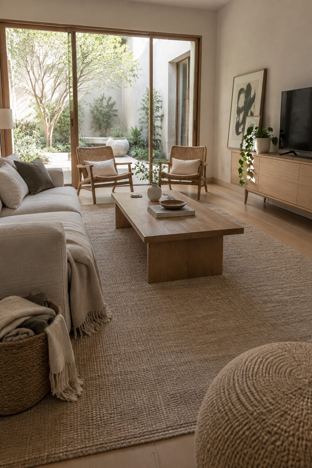 Minimalist living room with beige sofa, oak coffee table, rattan chairs, and courtyard doors