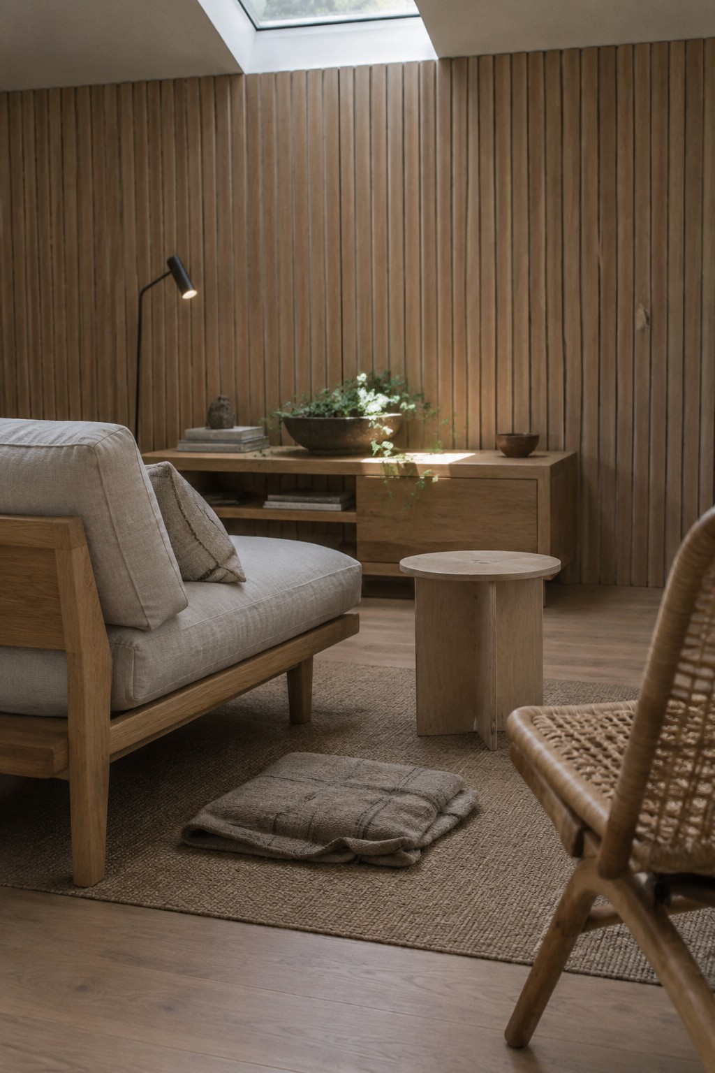 A living room featuring vertical light wood wall paneling, a wooden sofa with beige linen cushions, a round wooden side table, a woven rug, and a folded textile on the floor.
