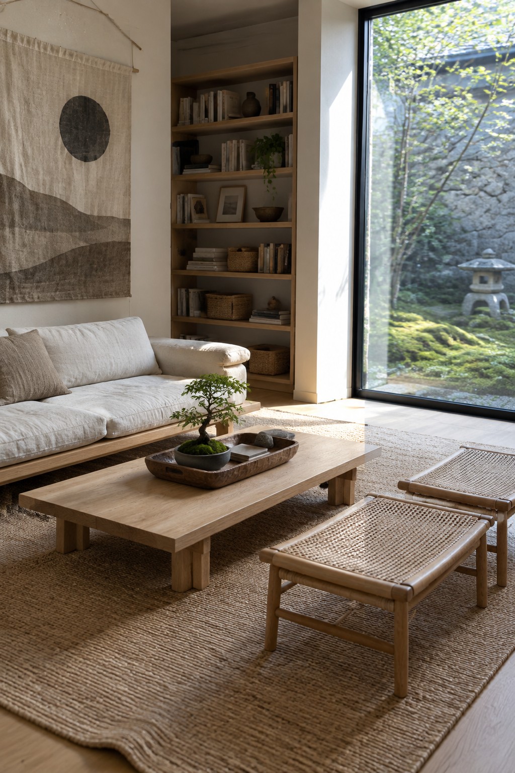 A Japandi living room with a light wood sofa, low coffee table holding a bonsai, built-in wooden bookshelves, two woven ottomans on a jute rug, and a large window overlooking a moss garden with a stone lantern.