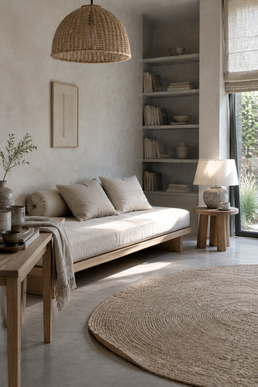 A minimalist living room featuring a low wooden daybed with beige linen cushions, a woven pendant light above, built-in shelves with books, and a round jute rug on a light floor.